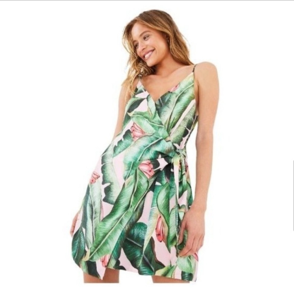 Farm Rio Pink Palms Mini Wrap Dress